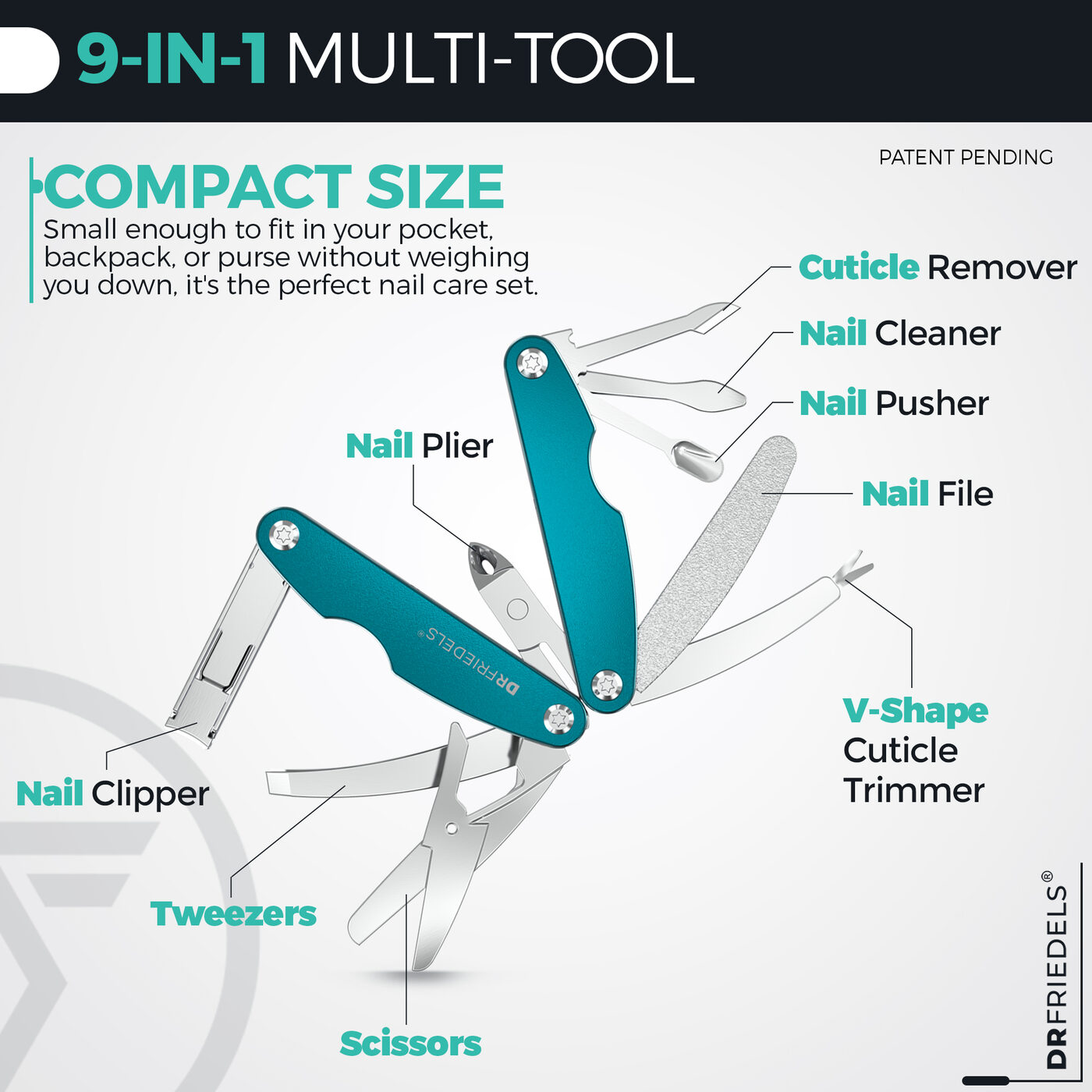 9-in-1 Multi-Tool with all tools labeled: cuticle remover, nail cleaner, nail pusher, nail file, V-shape cuticle trimmer, nail plier, nail clipper, tweezers, scissors. Compact size that fits in your pocket, backpack, or purse.