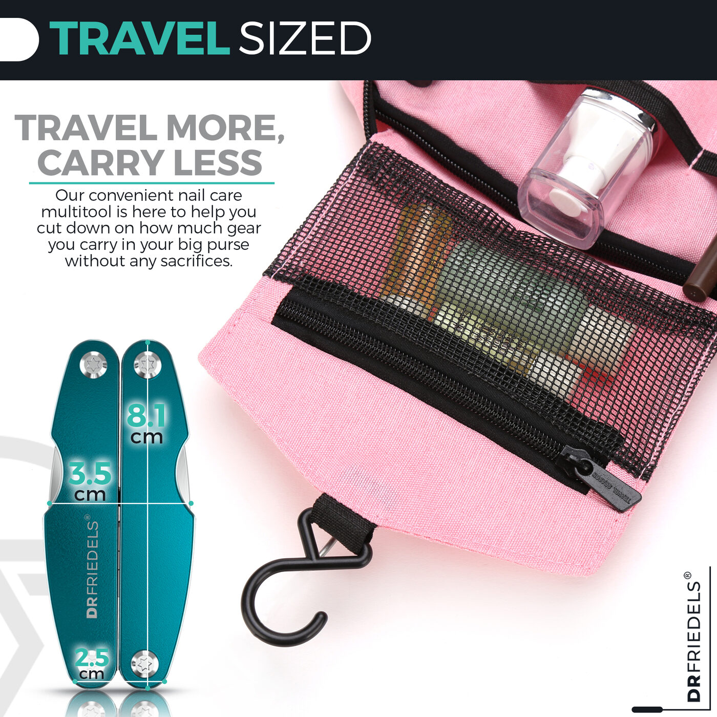 Travel sized: travel more, carry less. Our convenient nail care multitool helps you cut down on how much gear you carry in your big purse without any sacrifices. Folded dimensions: 8.1 cm tall, 3.5 cm wide, 2.5 cm thick.