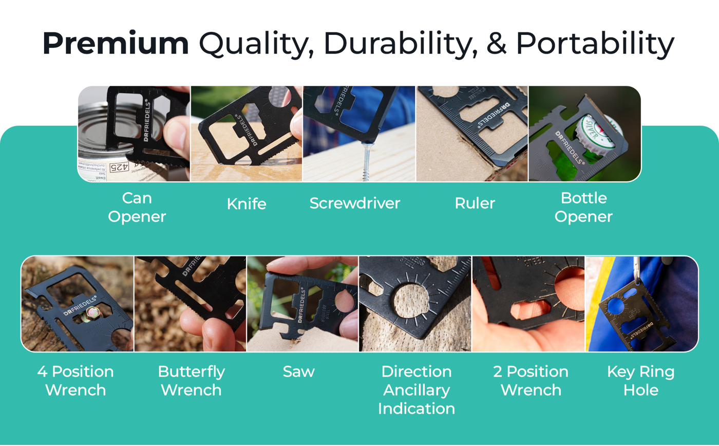 Premium Quality, Durability & Portability — all 11 functions: can opener, knife, screwdriver, ruler, bottle opener, 4 position wrench, butterfly wrench, saw, direction ancillary indication, 2 position wrench, key ring hole