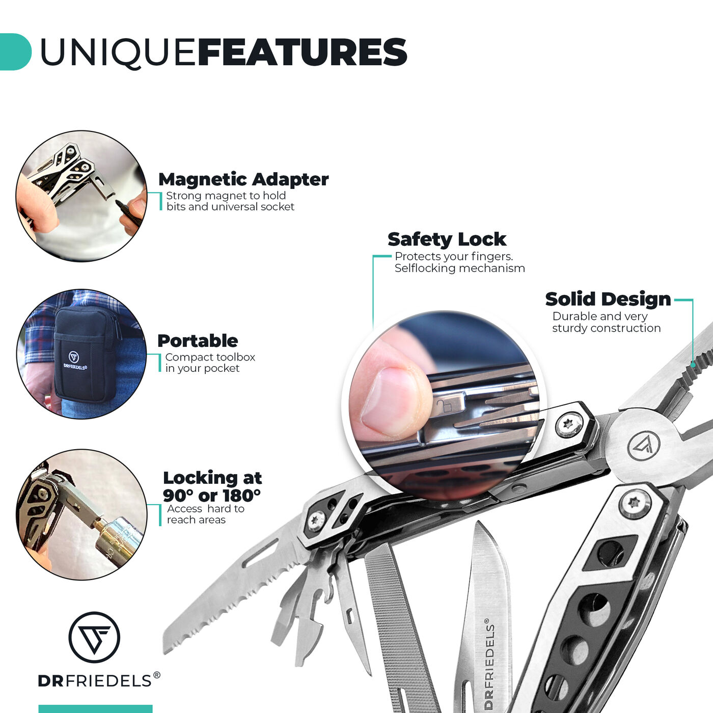 Unique features: magnetic adapter to hold bits, portable carry pouch, locking at 90° or 180° for hard-to-reach areas, safety lock that protects fingers, solid sturdy construction